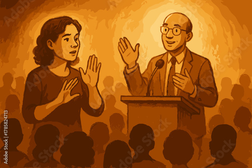 Caucasian male speaker gesturing behind a podium while a caucasian female interpreter uses sign language, set against a warmly lit audience backdrop.