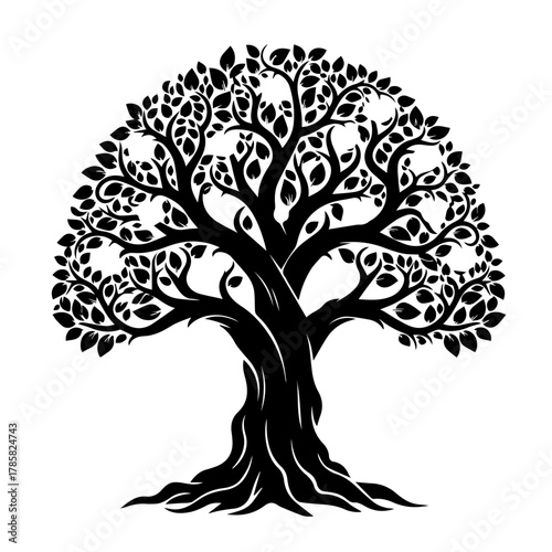 A striking stylized silhouette of a magnificent tree, embodying the profound concept of life, robust growth, natural resilience, wisdom, and environmental harmony
