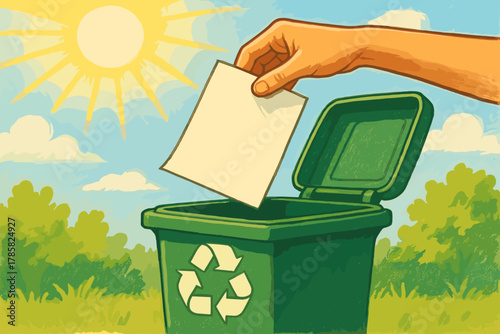 Hand placing a sheet of paper into a green recycling bin with a lid, featuring a recycle symbol, set outdoors under a bright sun.