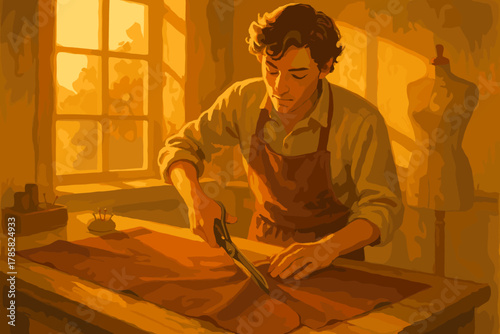 Young caucasian male tailor in an apron cuts fabric on a workbench in a warmly lit workshop, showcasing focused craftsmanship and traditional sewing techniques.