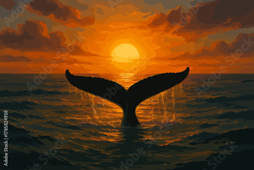 Silhouetted whale tail against a vibrant sunset with cascading water in the ocean.