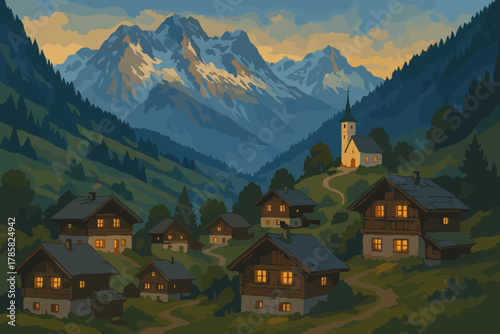 A serene mountainous village scene at dusk, featuring cozy wooden cottages with glowing windows and a classic church against a backdrop of towering snow-capped peaks.