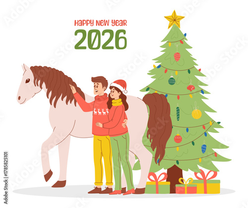 Happy New Year 2026 couple hugging next to a horse and decorated Christmas tree with presents