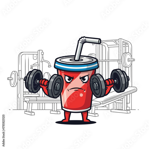 Cartoon soda cup lifting dumbbell funny fast food character with weight vector illustration for tshirt print, sticker, poster
