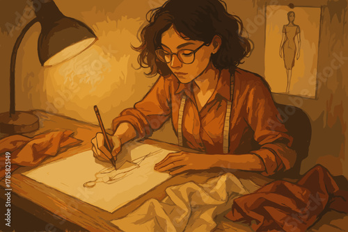 Young caucasian female fashion designer with glasses sketching a garment design at a desk under a desk lamp, surrounded by fabric swatches.