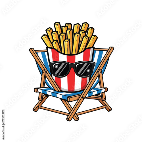A cartoon of french fries in a beach chair, wearing sunglasses and enjoying a summer vacation
