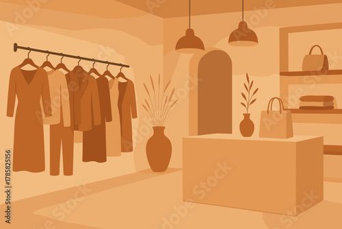 Monochromatic illustration of a stylish clothing boutique interior with hanging garments, shelves displaying accessories, and modern decor elements.