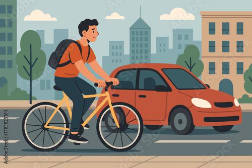 Young caucasian male cycling on an urban street with a backpack, alongside a car, in a city environment on a clear day.