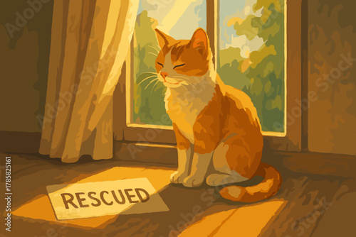 Content orange and white cat peacefully sitting by a sunlit window with a sign reading "rescued.