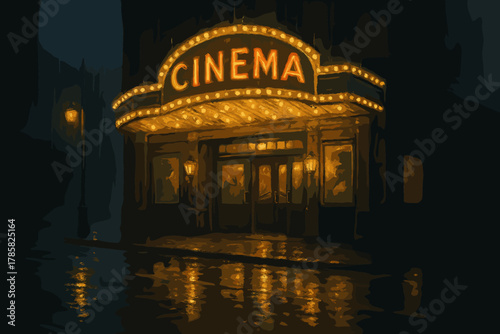 Illuminated cinema marquee glowing warmly at night, reflecting on wet pavement, evoking a nostalgic atmosphere of classic movie theaters.