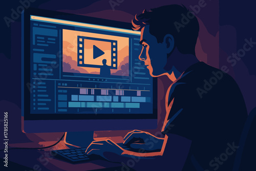 Young caucasian male editing a video project on a computer, depicted in vibrant orange and blue hues, using a graphic editing program with a focused expression.
