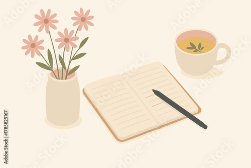 An open notebook with lined pages and a pen beside a vase of pink flowers and a cup of floral tea on a light background.