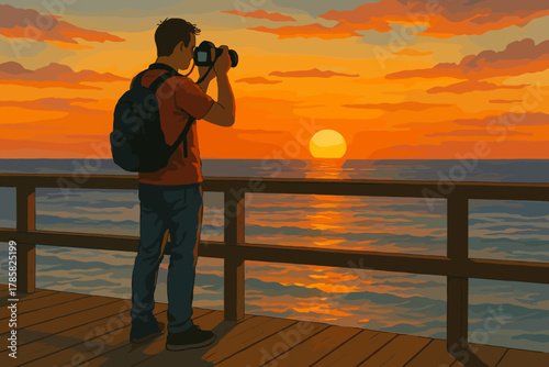 Male photographer capturing a vibrant sunset over the ocean from a wooden pier.
