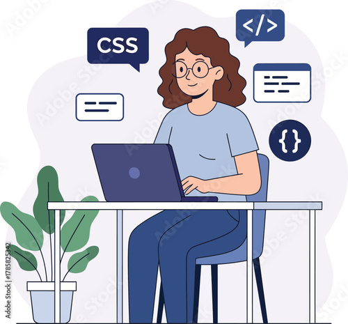 Female Web Developer Coding on Laptop, Front-End Programming, CSS, HTML, and JavaScript Concept Illustration