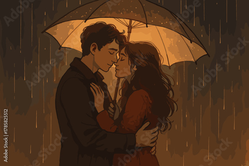 Romantic couple under an umbrella embracing in the rain, showcasing intimate connection and affection.