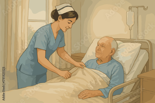 Female nurse in blue scrubs tends to an elderly caucasian male patient in a hospital bed, smiling and adjusting his blanket attentively.