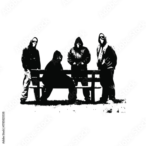 black and white illustration of a rough-looking masked man wearing a hoodie on a park bench vector style
