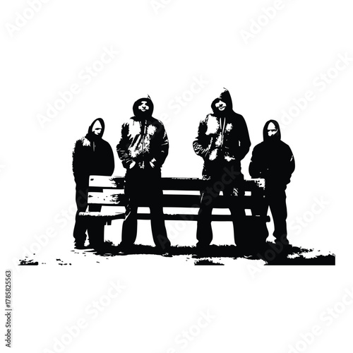 black and white illustration of a rough-looking masked man wearing a hoodie on a park bench vector style