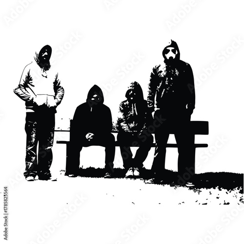 black and white illustration of a rough-looking masked man wearing a hoodie on a park bench vector style