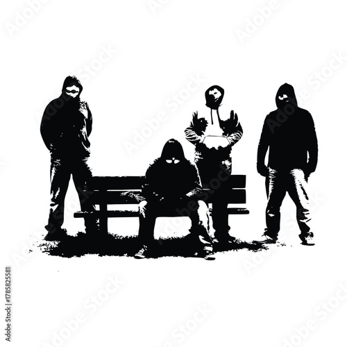 black and white illustration of a rough-looking masked man wearing a hoodie on a park bench vector style