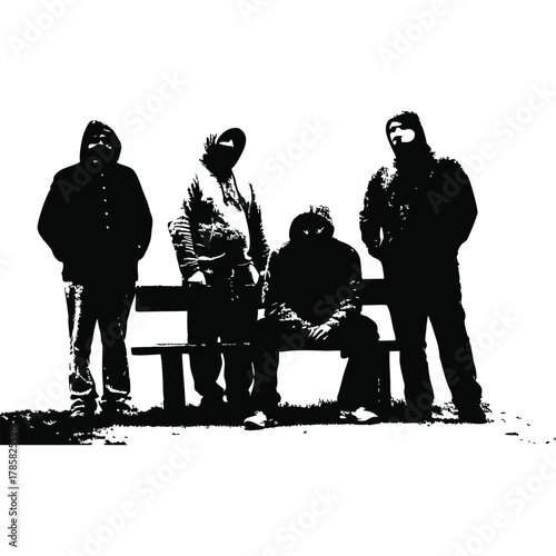 black and white illustration of a rough-looking masked man wearing a hoodie on a park bench vector style