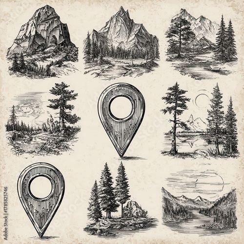 Hand-drawn illustrations of landscapes and map markers.