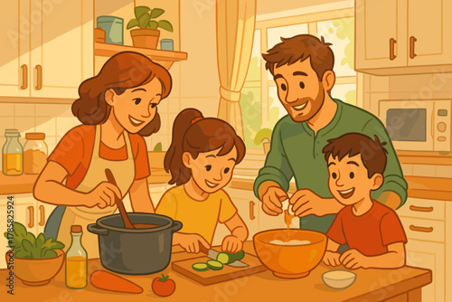 Animated family with caucasian parents and children, cooking together in a sunlit kitchen while preparing a meal, fostering teamwork and joy.