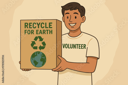 Young male volunteer holding a recycling box with a motivational message and earth graphic promoting environmental conservation.