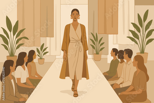 Female model of asian descent in a beige dress and brown cardigan confidently walks down a fashion runway, surrounded by an audience in neutral tones.