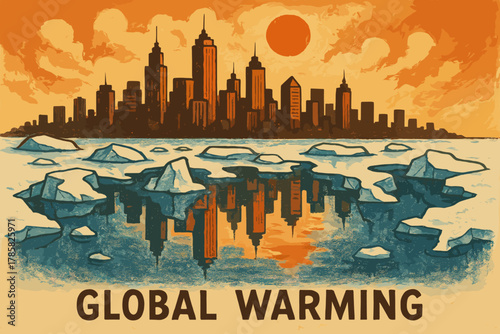 Melting icebergs in the foreground reflect the silhouette of a city skyline under an orange sky, illustrating the impact of global warming.