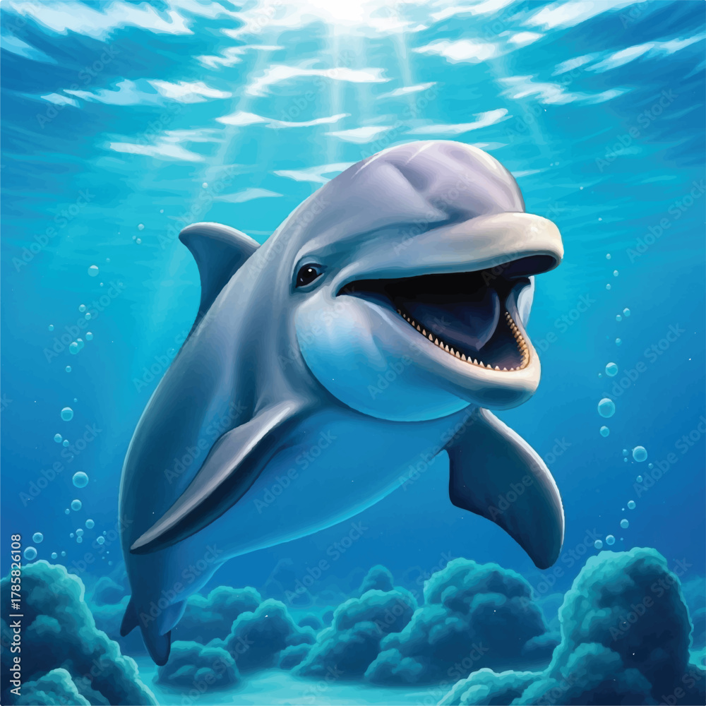 Fototapeta premium Charming artwork portraying a cheerful dolphin gracefully navigating serene ocean depths, illuminated by glorious rays of sunshine
