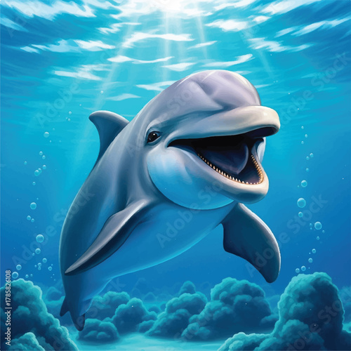Charming artwork portraying a cheerful dolphin gracefully navigating serene ocean depths, illuminated by glorious rays of sunshine