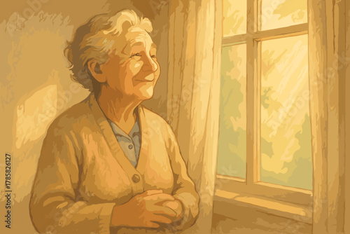Elderly caucasian woman with short white hair and a warm smile stands by a window, basking in the soft sunlight, wearing a cozy cardigan.