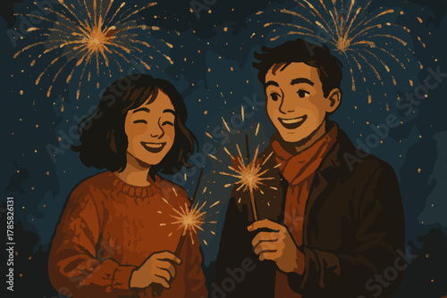 Smiling asian young woman and young man holding sparklers as fireworks light up the night sky.