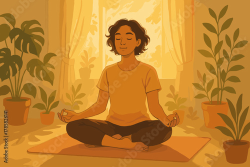 Young hispanic female meditating in a sunlit room, sitting cross-legged on an orange yoga mat surrounded by potted plants near a window.