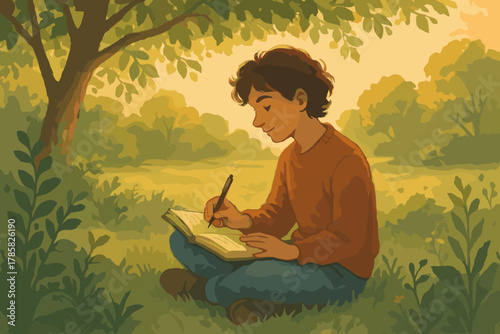 Young caucasian male child sitting cross-legged under a tree, writing in a notebook, surrounded by lush greenery in a serene outdoor setting.
