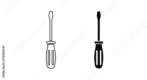 Two illustrations of a Phillips head screwdriver, one in outline and one in solid black.
