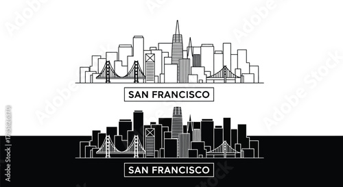 San Francisco skyline illustration in two styles, outline and silhouette, featuring famous landmarks like the Golden Gate Bridge and Transamerica Pyramid.