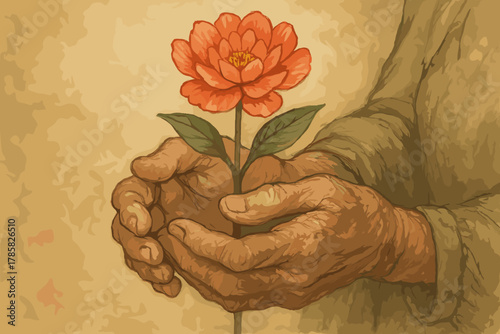 Elderly caucasian hands gently holding a single red flower, symbolizing care and growth.