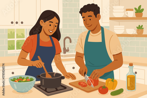 Young hispanic woman and young hispanic man happily preparing a meal together in a modern kitchen, with vegetables and cooking utensils visible.