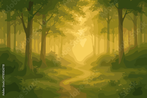 Lush forest pathway illuminated by warm golden sunlight filtering through dense tree canopy at dawn.