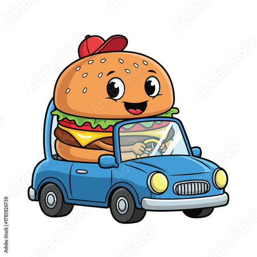 A cheerful burger character wearing a red cap drives a blue car with a happy expression, a whimsical food adventure illustration