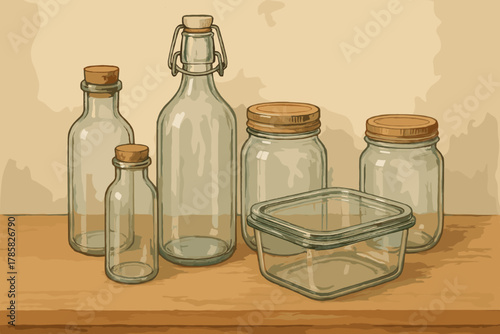 Assortment of glass storage jars and bottles, with wooden lids, arranged on a wooden surface in various shapes and sizes.