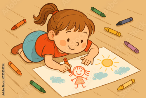 Young caucasian girl drawing with crayons on paper, creating a sunny landscape with a smiling figure.