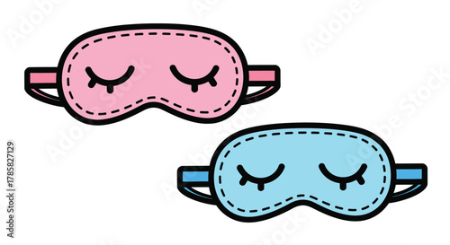 Two cartoon sleep masks, one pink and one blue, with closed eyelashes design, for relaxation and rest.