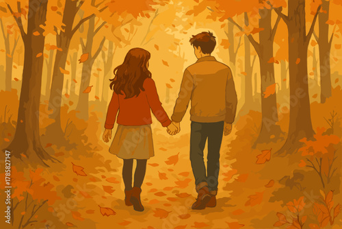Young caucasian couple walking hand in hand through a vibrant autumn forest covered with fallen orange leaves.