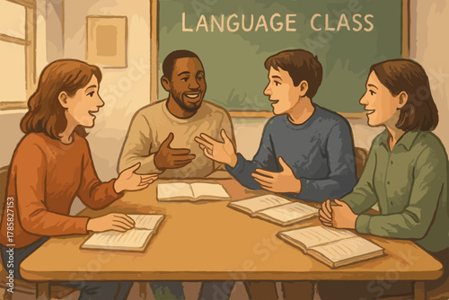Four young adults, two caucasian males and two females, one caucasian and one african, engaged in animated discussion around a table in a language class.