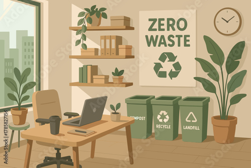 Modern eco-friendly office with recycling bins for compost, recycle, and landfill, surrounded by plants and zero waste signage.