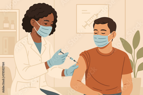 Female african adult healthcare worker in a white coat administering a vaccine to a male hispanic adult wearing a t-shirt and face mask.