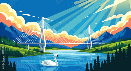 Scenic landscape vector illustration of a modern cable-stayed bridge crossing a tranquil river with a graceful swan, surrounded by mountains under a radiant sun. e